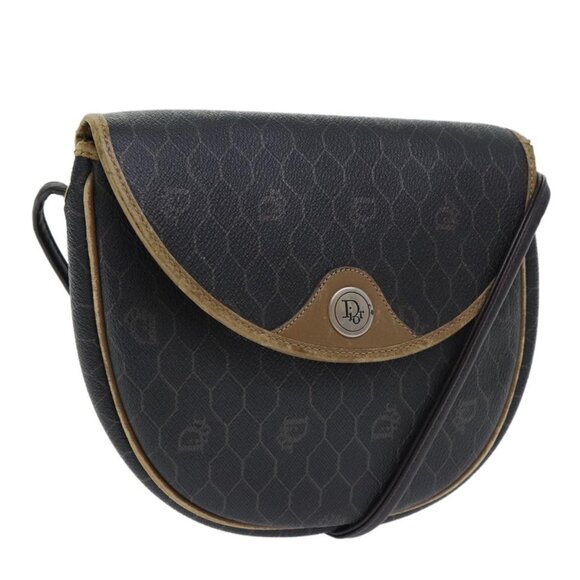 Christian Dior Honeycomb Canvas Shoulder Bag PVC Leather Black Gold Auth - Picture 2 of 15